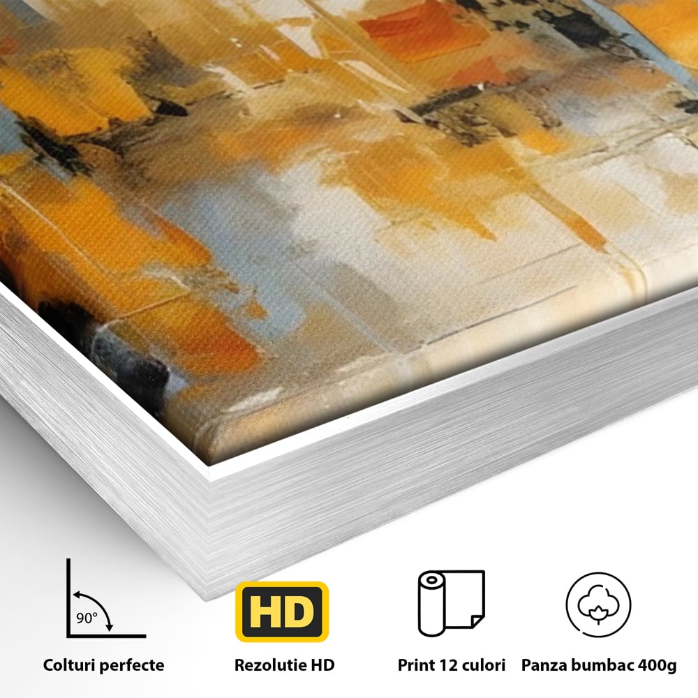 Detaliu al suprafetei: pictura abstracta cu reflexii in apa, in rama de aluminiu argintiu